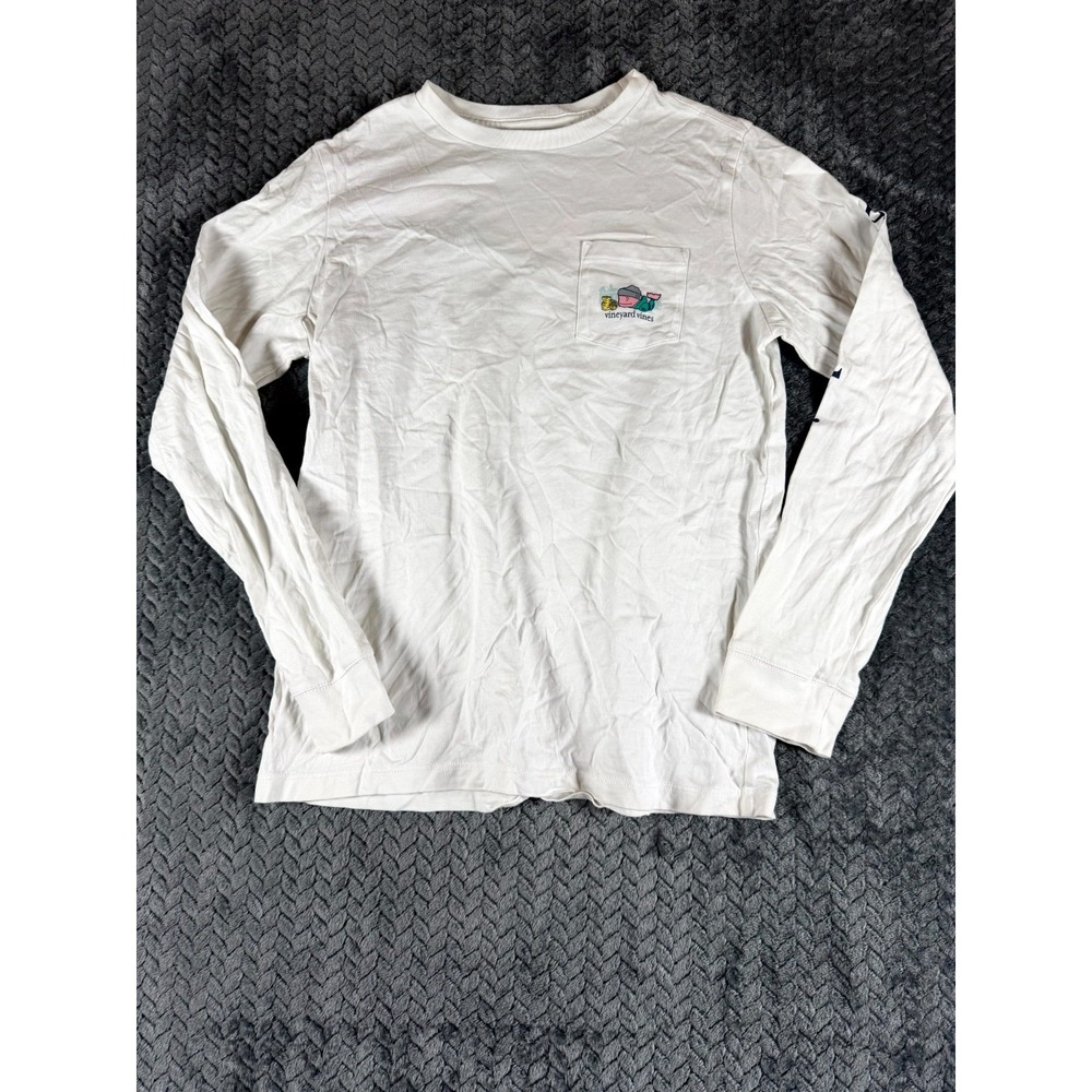 Vineyard Vines Shirt Mens Boys Small 8-10 White Cotton Snowsuit‎ Whale Crewneck